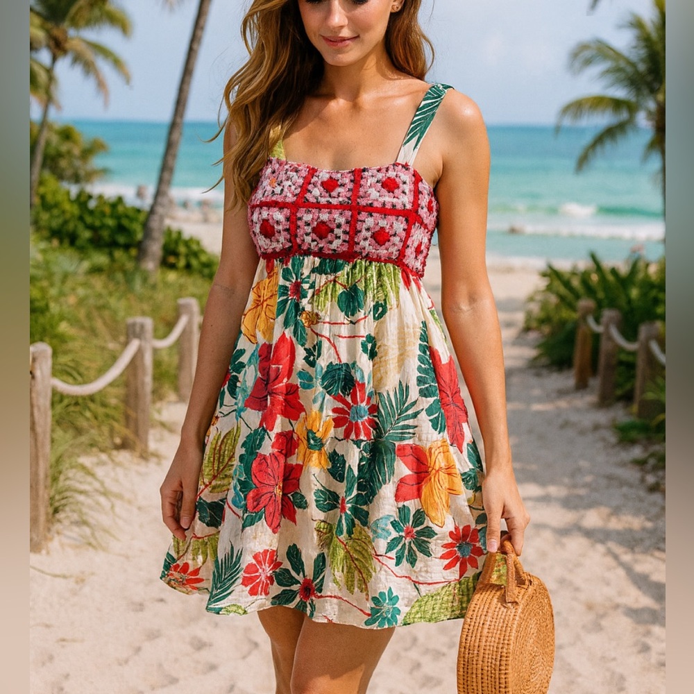 Farm Rio Crochet Floral Printed Mini Dress in Multicolor